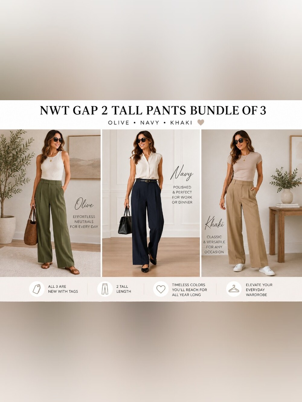 ✨✨NWT GAP Pleated Wide-Leg Pants Bundle | Size 2 Tall | Olive, Navy & Khaki